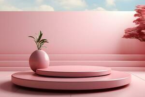 3D realistic podium for product shooting with a lot of space to put a product with Abstract scene concept AI Generative Illustration. photo