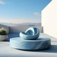 3d render, abstract minimal scene with round podium and mountains in the background AI Generative Illustration. Podium for product shoot. photo