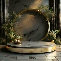 3d render of black and gold pedestal podium on background with neon stage light abstract minimal concept decorate with plant, blank space luxury minimal clean design AI Generative photo