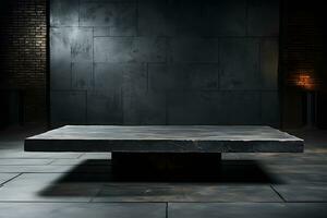 Futuristic dark room with stone floor, 3d render. AI Generative Illustration. Podium for product shoot. photo