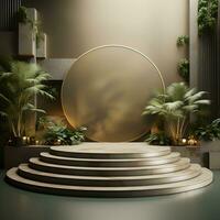 placed on a wooden platform with a leafy shadow. Mockup for a cosmetics or beauty product. pedestal of natural stone steps. Modern and trendy graphic and banner. Generative AI photo