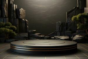 Futuristic dark room with stone floor, 3d render. AI Generative Illustration. Podium for product shoot. photo