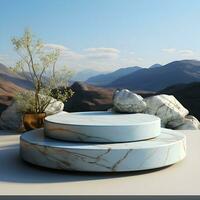 3d render, abstract minimal scene with round podium and mountains in the background AI Generative Illustration. Podium for product shoot. photo