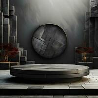 Black stone circle podium pedestal product stage platform 3d background. Generative AI photo