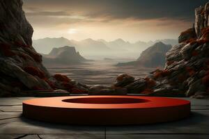 Futuristic dark room with stone floor, 3d render. AI Generative Illustration. Podium for product shoot. photo