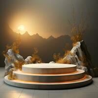 3d render, abstract minimal scene with round podium and mountains in the background AI Generative Illustration. Podium for product shoot. photo