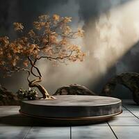 3d render of black and gold pedestal podium on background with neon stage light abstract minimal concept decorate with plant, blank space luxury minimal clean design AI Generative photo