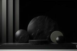 Stone and rock shape 3d render illustration. Round podium, pedestal for brand product exhibition. Solid dark black color AI Generative Illustration. photo