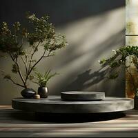3d render of black and gold pedestal podium on background with neon stage light abstract minimal concept decorate with plant, blank space luxury minimal clean design AI Generative photo