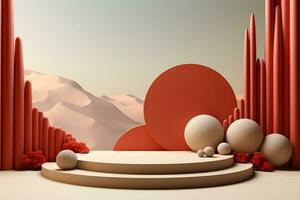 3D realistic podium for product shooting with a lot of space to put a product with Abstract scene concept AI Generative Illustration. photo