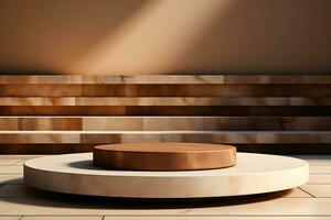 3D realistic podium for product shooting with a lot of space to put a product with Abstract scene concept AI Generative Illustration. photo