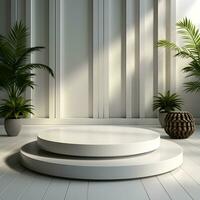 3d render of white round podium on the wooden floor in the modern room. AI Generative Illustration. Podium for product shoot. Marble , plant, Minimal Display for product. photo