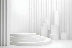 3d render of white round podium on the wooden floor in the modern room. AI Generative Illustration. Podium for product shoot. Marble , plant, Minimal Display for product. photo