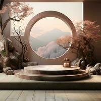3d render, abstract minimal scene with round podium and mountains in the background AI Generative Illustration. Podium for product shoot. photo