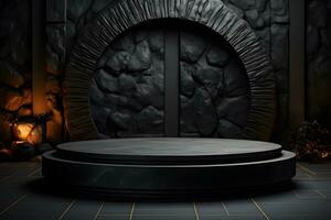 Futuristic dark room with stone floor, 3d render. AI Generative Illustration. Podium for product shoot. photo