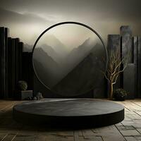 Black stone circle podium pedestal product stage platform 3d background. Generative AI photo