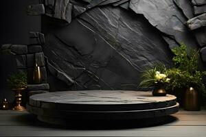 Futuristic dark room with stone floor, 3d render. AI Generative Illustration. Podium for product shoot. photo