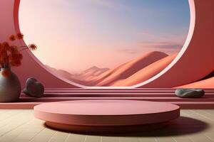 3D realistic podium for product shooting with a lot of space to put a product with Abstract scene concept AI Generative Illustration. photo