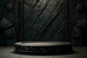 Futuristic dark room with stone floor, 3d render. AI Generative Illustration. Podium for product shoot. photo