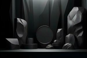 Futuristic dark room with stone floor, 3d render. AI Generative Illustration. Podium for product shoot. photo