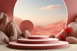 3D realistic podium for product shooting with a lot of space to put a product with Abstract scene concept AI Generative Illustration. photo