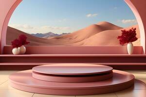 3D realistic podium for product shooting with a lot of space to put a product with Abstract scene concept AI Generative Illustration. photo