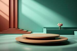 3D realistic podium for product shooting with a lot of space to put a product with Abstract scene concept AI Generative Illustration. photo