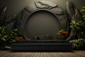 Futuristic dark room with stone floor, 3d render. AI Generative Illustration. Podium for product shoot. photo