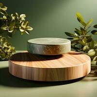 metido en un de madera plataforma con un frondoso sombra. Bosquejo para un productos cosméticos o belleza producto. pedestal de natural Roca pasos. moderno de moda gráfico y prohibición aner. generativo ai foto