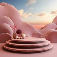 3d render, abstract minimal scene with round podium and mountains in the background AI Generative Illustration. Podium for product shoot. photo