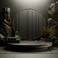 Black stone circle podium pedestal product stage platform 3d background. Generative AI photo