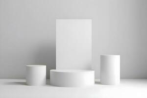 3d render of white round podium on the wooden floor in the modern room. AI Generative Illustration. Podium for product shoot. Marble , plant, Minimal Display for product. photo