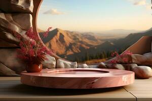 3D realistic podium for product shooting with a lot of space to put a product with Abstract scene concept AI Generative Illustration. photo