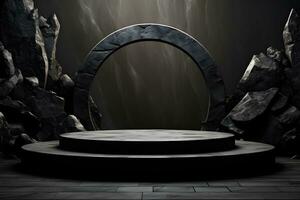 Futuristic dark room with stone floor, 3d render. AI Generative Illustration. Podium for product shoot. photo