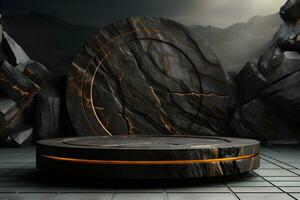 Futuristic dark room with stone floor, 3d render. AI Generative Illustration. Podium for product shoot. photo