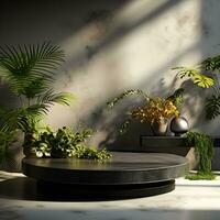 3d render of black and gold pedestal podium on background with neon stage light abstract minimal concept decorate with plant, blank space luxury minimal clean design AI Generative photo