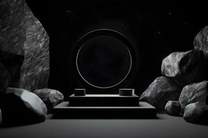 Stone and rock shape 3d render illustration. Round podium, pedestal for brand product exhibition. Solid dark black color AI Generative Illustration. photo