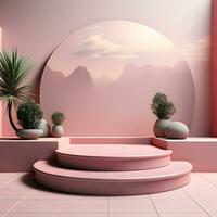 3d render, abstract minimal scene with round podium and mountains in the background AI Generative Illustration. Podium for product shoot. photo