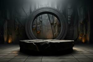 Futuristic dark room with stone floor, 3d render. AI Generative Illustration. Podium for product shoot. photo