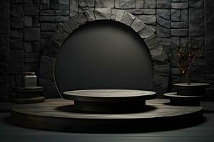 Futuristic dark room with stone floor, 3d render. AI Generative Illustration. Podium for product shoot. photo