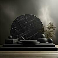 Black stone circle podium pedestal product stage platform 3d background. Generative AI photo