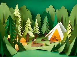 forest in a mountain landscape with tent, camping. 3d illustration. photo