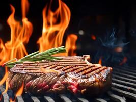 delicious beef steak with flames on black background photo