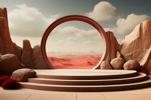 3D realistic podium for product shooting with a lot of space to put a product with Abstract scene concept AI Generative Illustration. photo