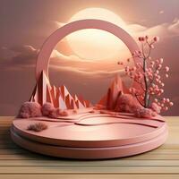 3d render, abstract minimal scene with round podium and mountains in the background AI Generative Illustration. Podium for product shoot. photo