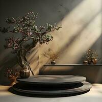 3d render of black and gold pedestal podium on background with neon stage light abstract minimal concept decorate with plant, blank space luxury minimal clean design AI Generative photo