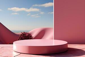 3D realistic podium for product shooting with a lot of space to put a product with Abstract scene concept AI Generative Illustration. photo