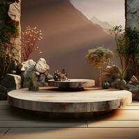 3d render, abstract minimal scene with round podium and mountains in the background AI Generative Illustration. Podium for product shoot. photo