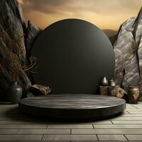 Black stone circle podium pedestal product stage platform 3d background. Generative AI photo