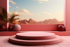 3D realistic podium for product shooting with a lot of space to put a product with Abstract scene concept AI Generative Illustration. photo